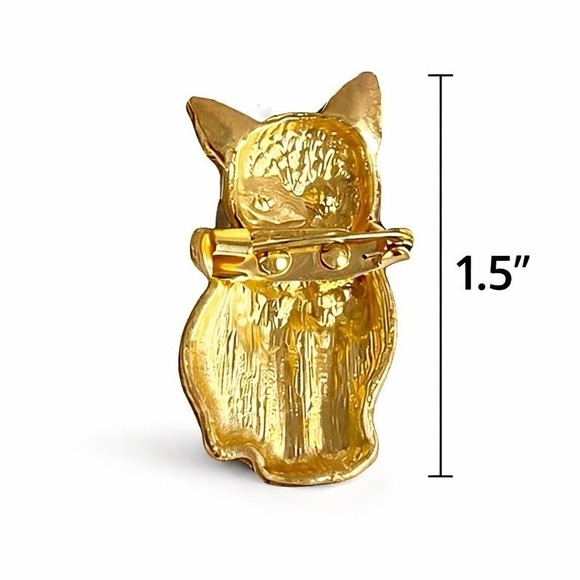 Rhinestone Cat Metal Brooch Black Enamel Gold Tone Green Eyes Pin 1.5" - Picture 3 of 3